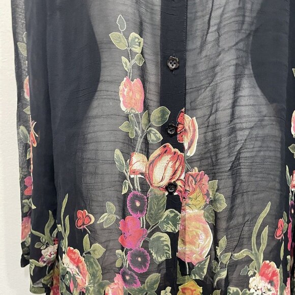 Smithsonian Institution Womens Sheer Black Button Front Floral Blouse Sz XL - Picture 4 of 12